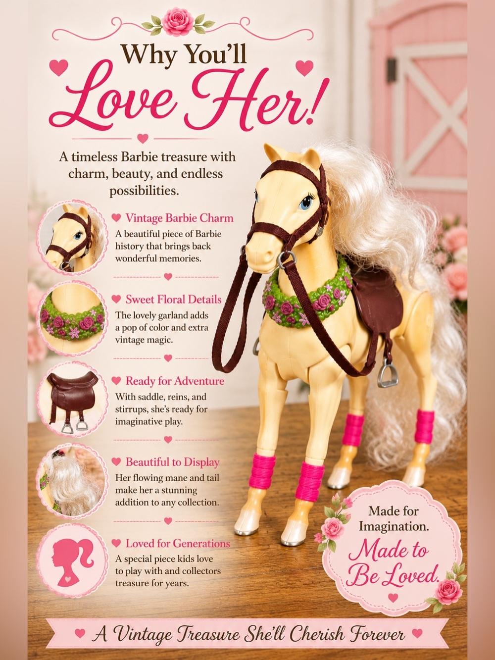 Vintage Barbie Horse with Mane & Tail and Floral Garland , Saddle, and R… - Picture 5 of 16